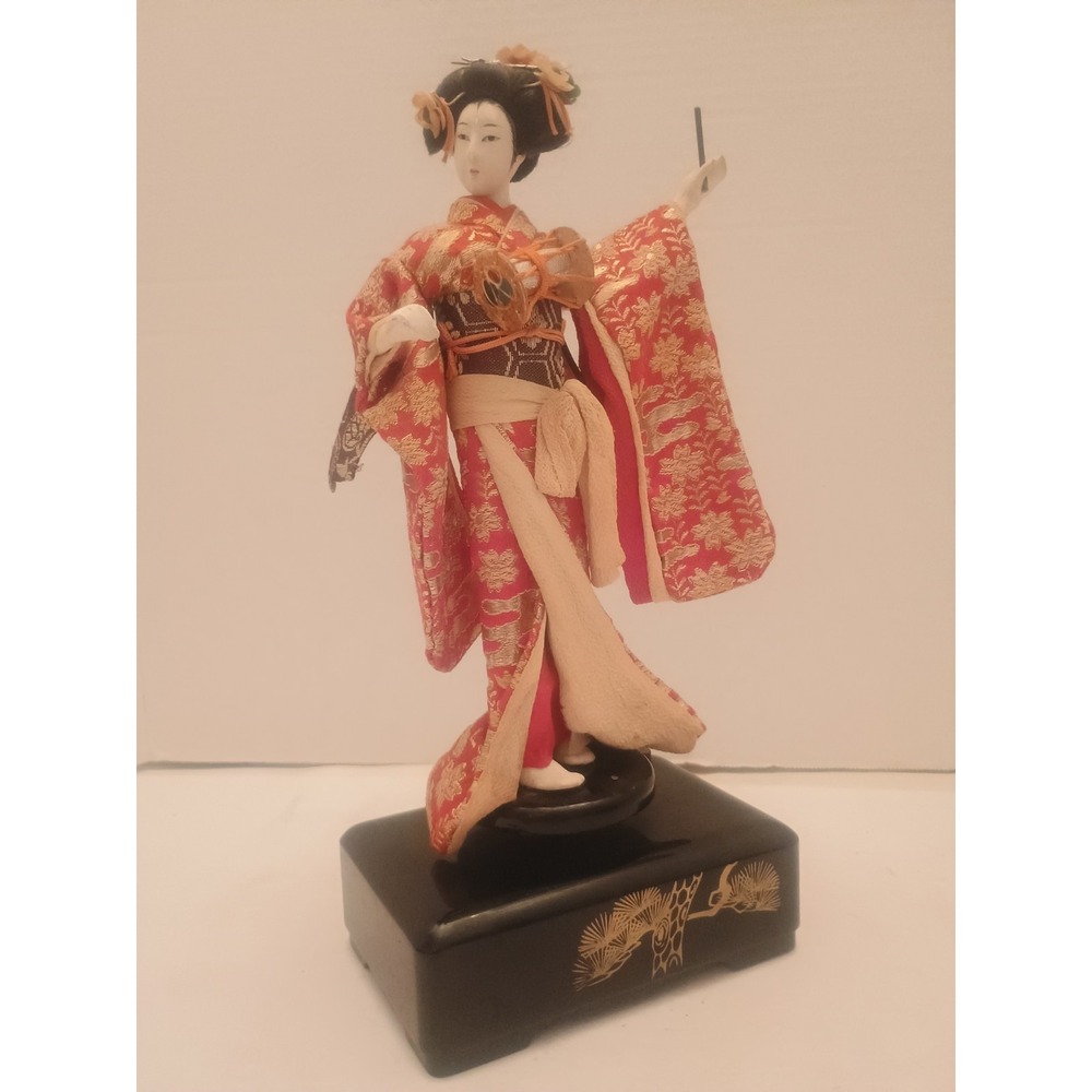 Vintage Japanese Geisha Doll On Rotating Music Box Stand 11" Tall Tested Works